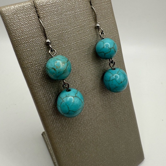 Vintage Turquoise Double Bead Drop Earrings – Boho Dangle Statement Jewelry - Picture 3 of 3